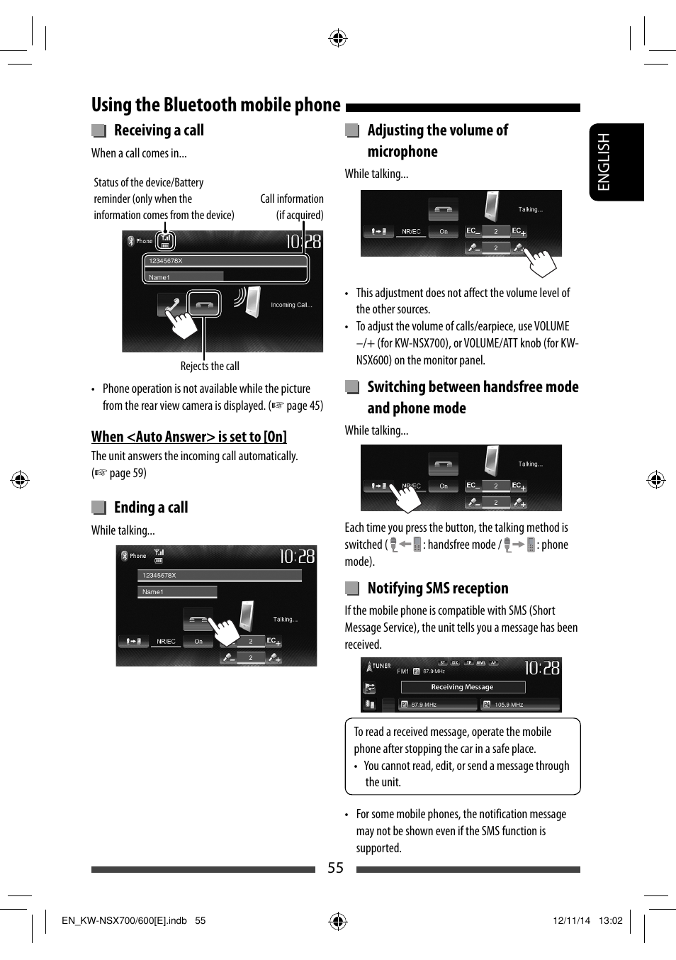 Using the bluetooth mobile phone, Receiving a call, Ending a call | Adjusting the volume of microphone, Switching between handsfree mode and phone mode, Notifying sms reception | JVC KW-NSX700 User Manual | Page 55 / 309