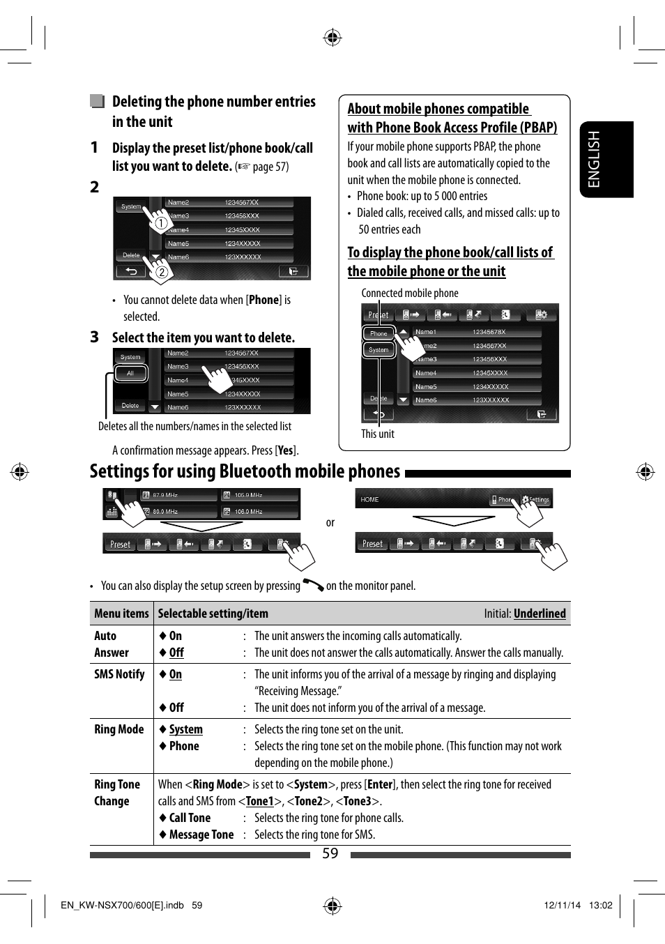 Settings for using bluetooth mobile phones, Deleting the phone number entries in the unit | JVC KW-NSX700 User Manual | Page 59 / 309