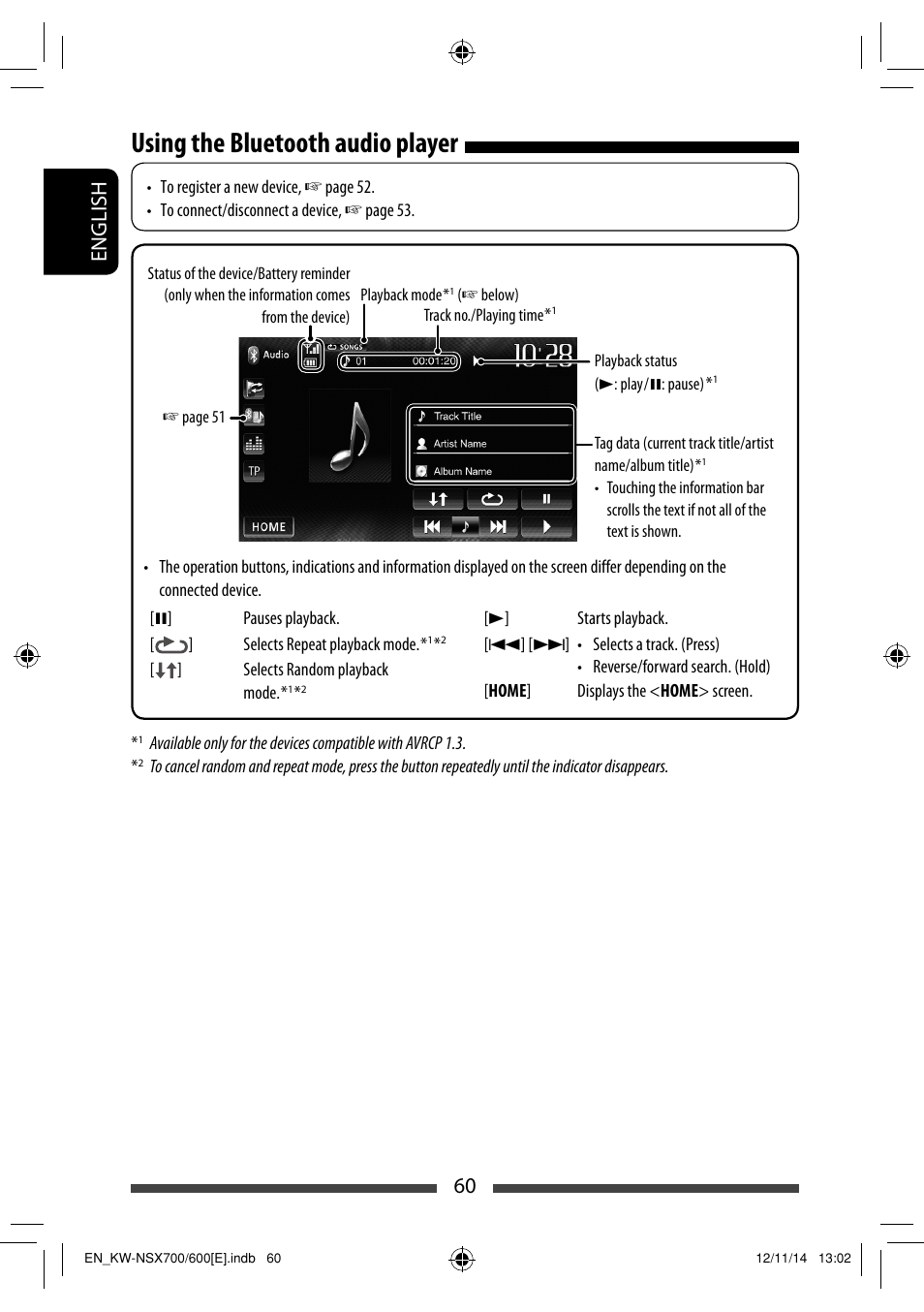 Using the bluetooth audio player, 60 english | JVC KW-NSX700 User Manual | Page 60 / 309