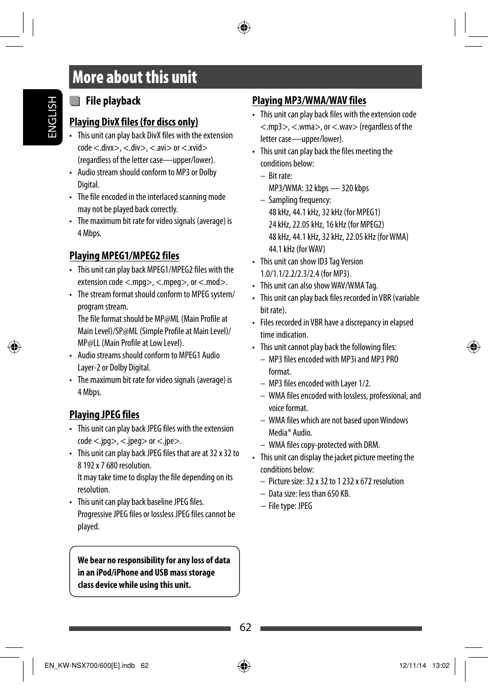 More about this unit, File playback | JVC KW-NSX700 User Manual | Page 62 / 309