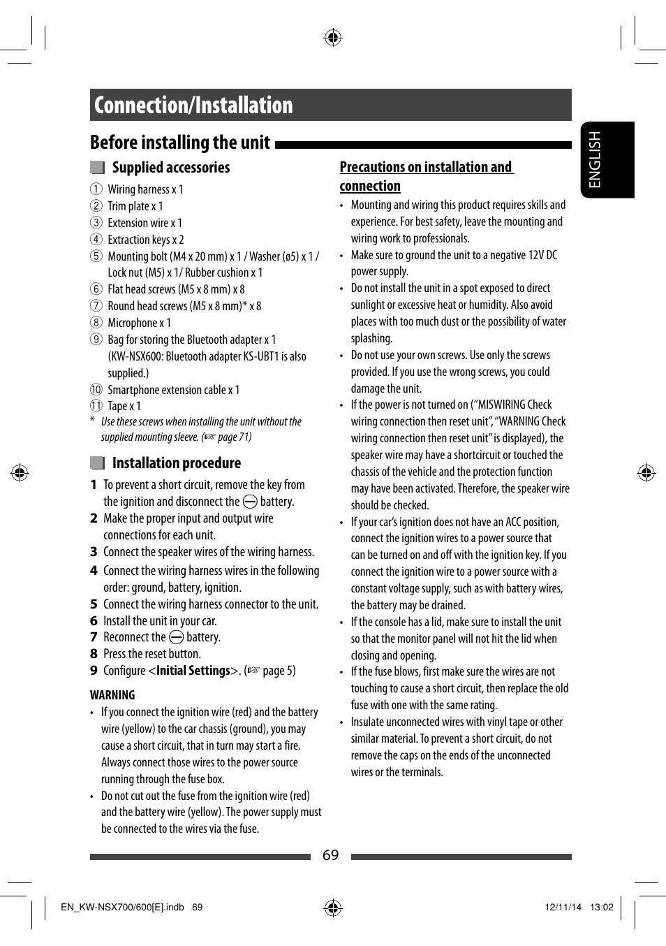 Connection/installation, Before installing the unit | JVC KW-NSX700 User Manual | Page 69 / 309