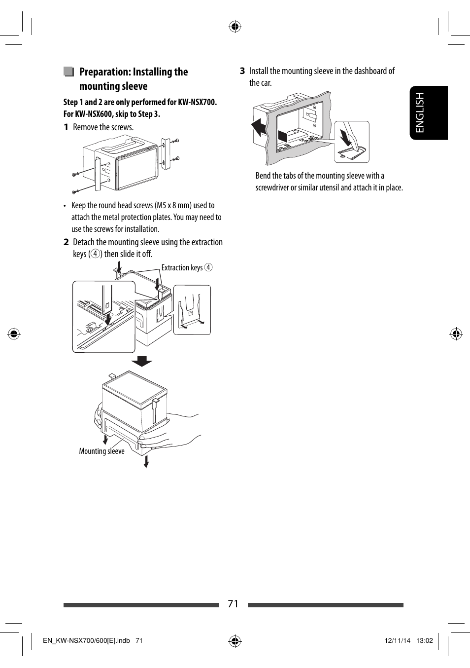 Preparation: installing the mounting sleeve, 71 english | JVC KW-NSX700 User Manual | Page 71 / 309