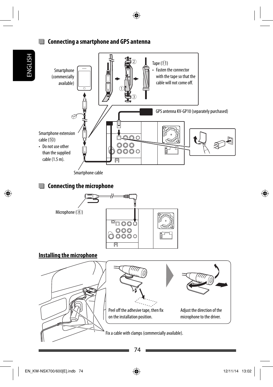 74 english, Installing the microphone | JVC KW-NSX700 User Manual | Page 74 / 309