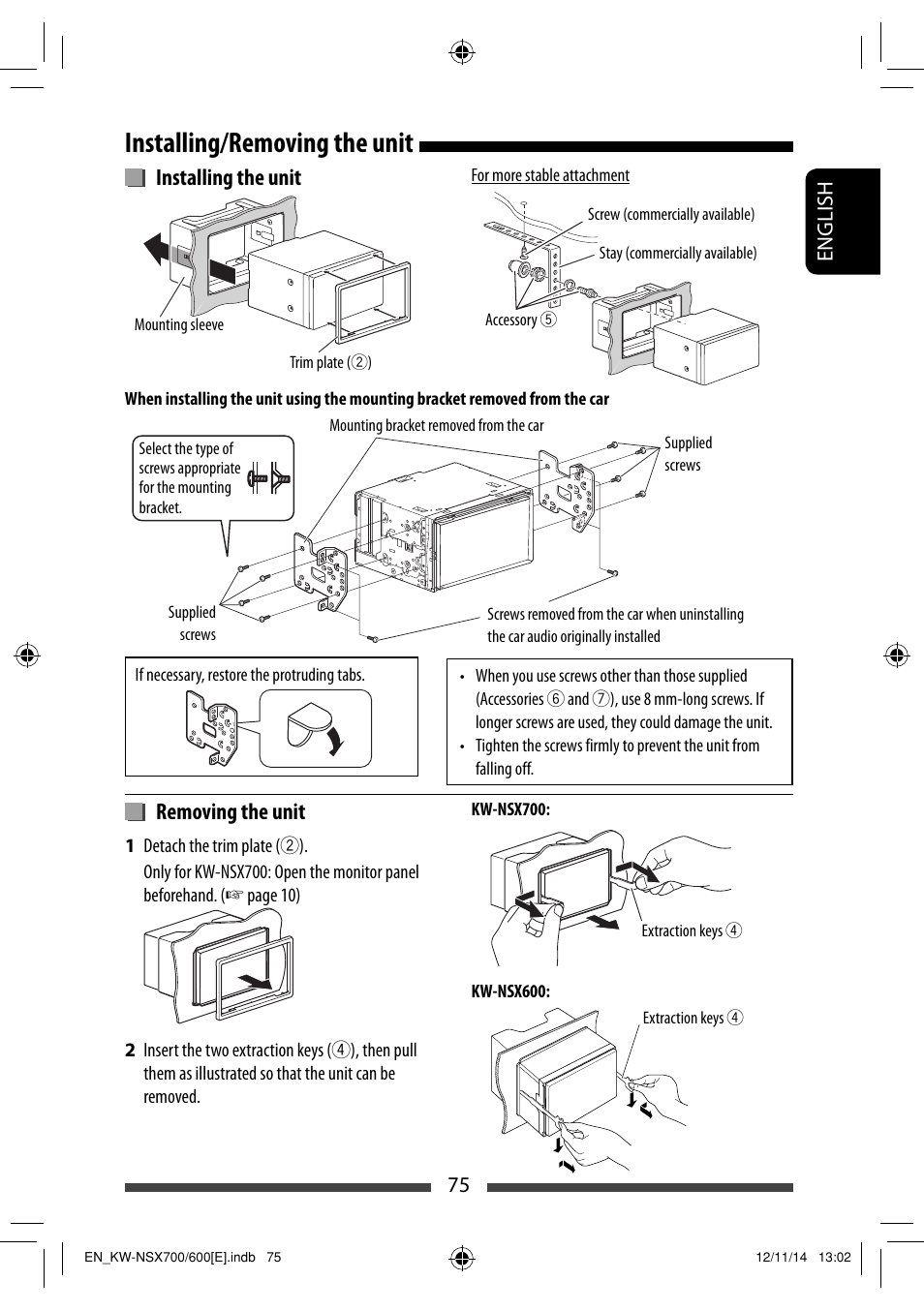 Installing/removing the unit, Installing the unit, Removing the unit | JVC KW-NSX700 User Manual | Page 75 / 309