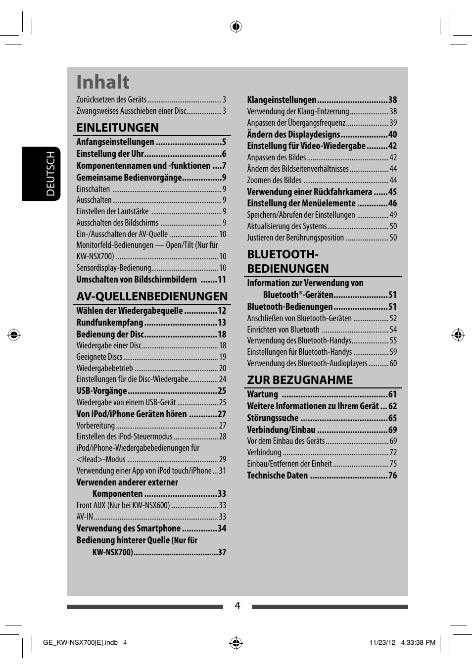 Inhalt, Einleitungen, Av-quellenbedienungen | Bluetooth- bedienungen, Zur bezugnahme | JVC KW-NSX700 User Manual | Page 80 / 309