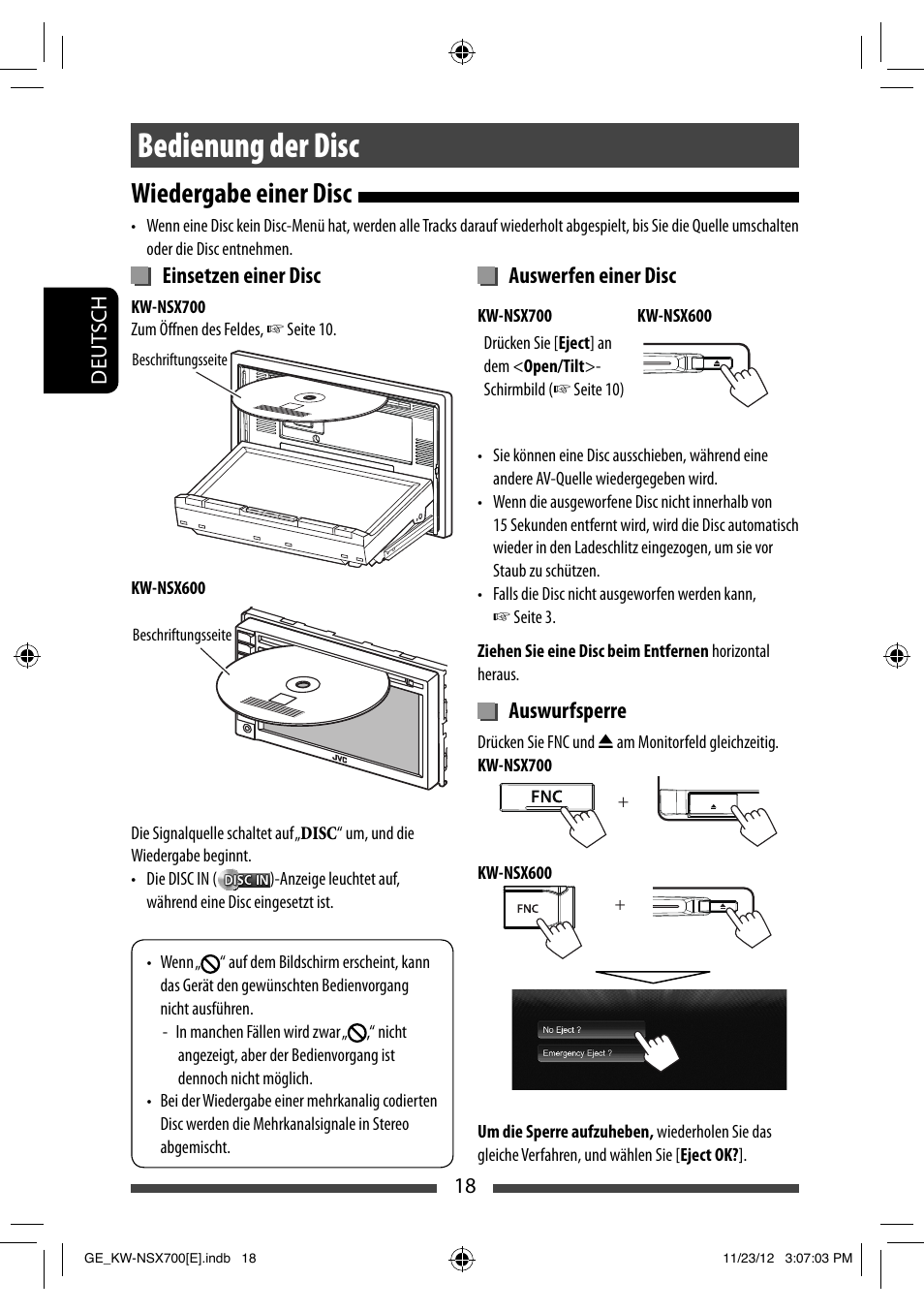 Bedienung der disc, Wiedergabe einer disc, Auswerfen einer disc | Auswurfsperre, Einsetzen einer disc | JVC KW-NSX700 User Manual | Page 94 / 309