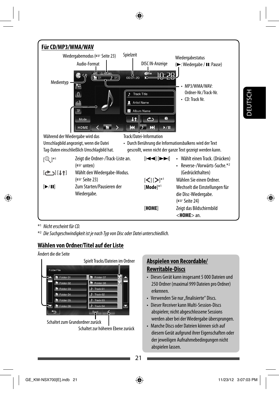 Wählen von ordner/titel auf der liste, Für cd/mp3/wma/wav | JVC KW-NSX700 User Manual | Page 97 / 309