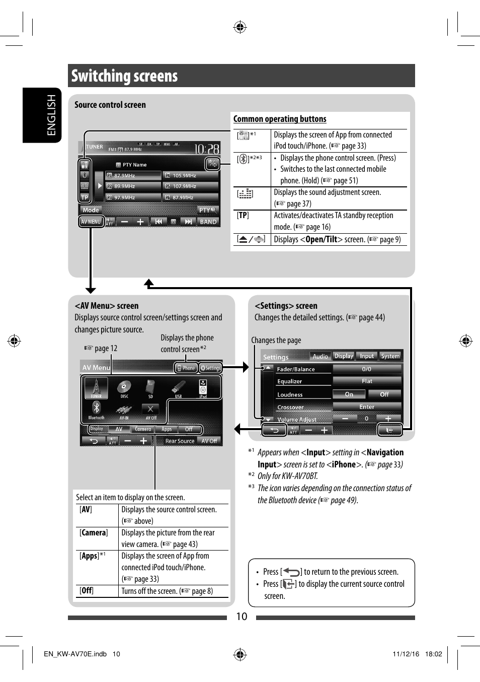 Switching screens, 10 english | JVC KW-AV70BT User Manual | Page 10 / 293