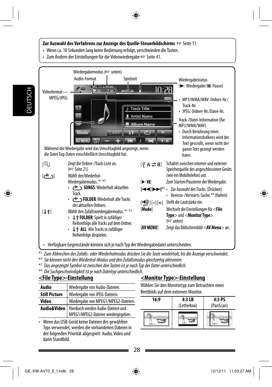 28 deut sch <file type>-einstellung, Monitor type>-einstellung | JVC KW-AV70BT User Manual | Page 100 / 293