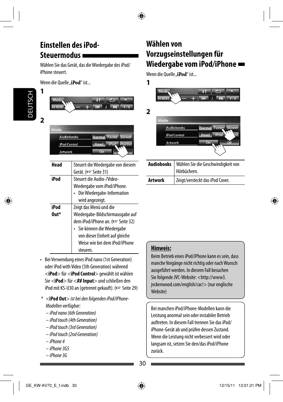 Einstellen des ipod- steuermodus | JVC KW-AV70BT User Manual | Page 102 / 293