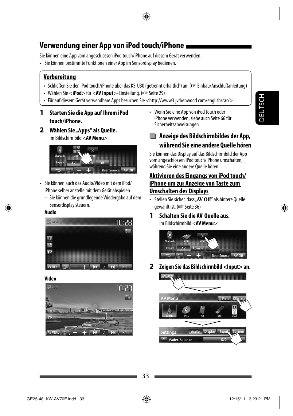 Verwendung einer app von ipod touch/iphone | JVC KW-AV70BT User Manual | Page 105 / 293