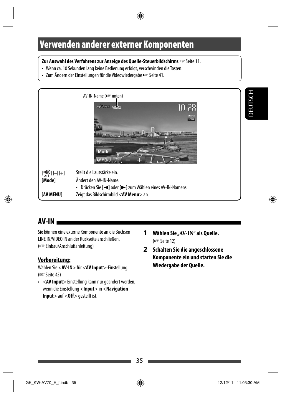 Verwenden anderer externer komponenten, Av-in | JVC KW-AV70BT User Manual | Page 107 / 293