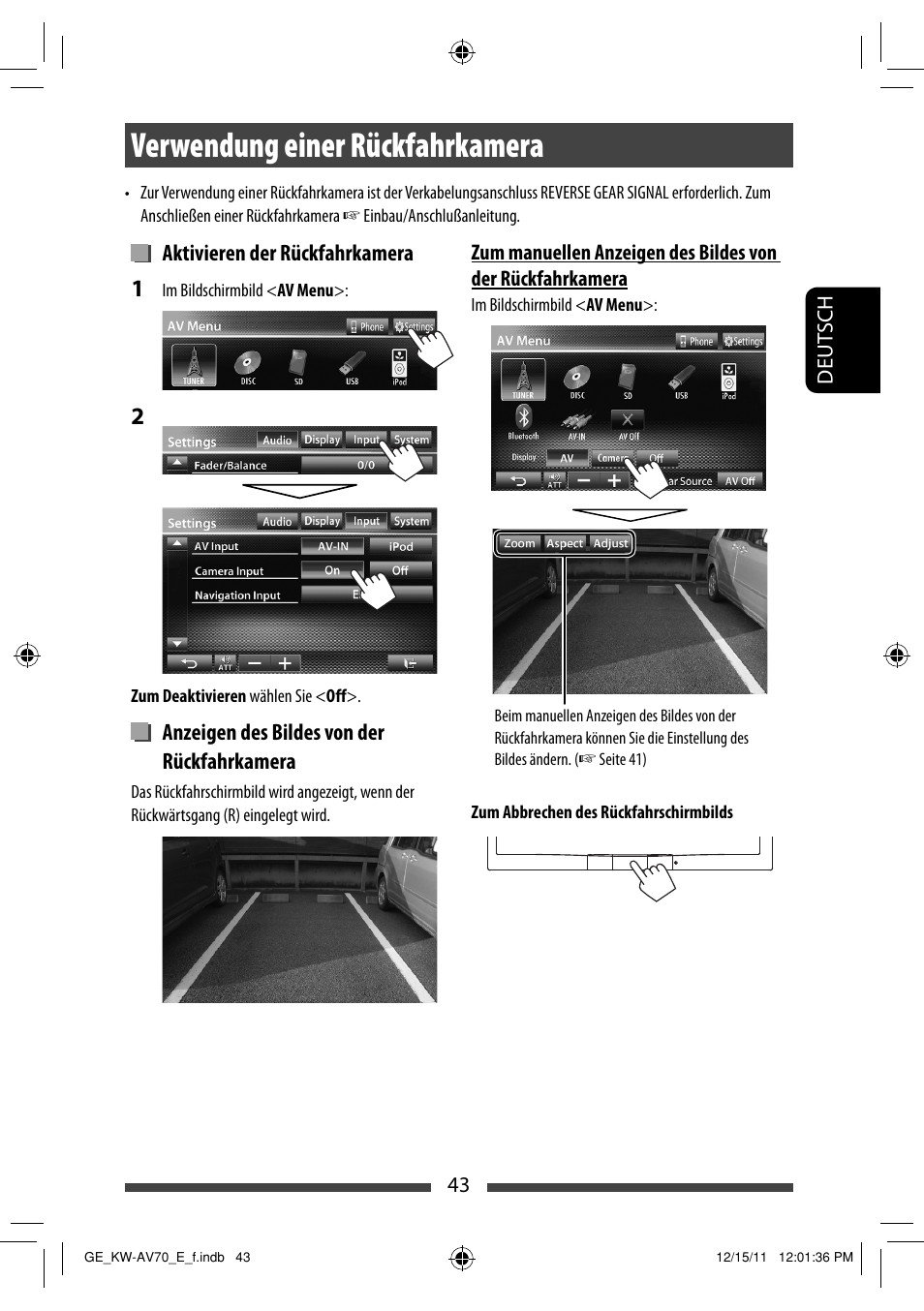 Verwendung einer rückfahrkamera | JVC KW-AV70BT User Manual | Page 115 / 293