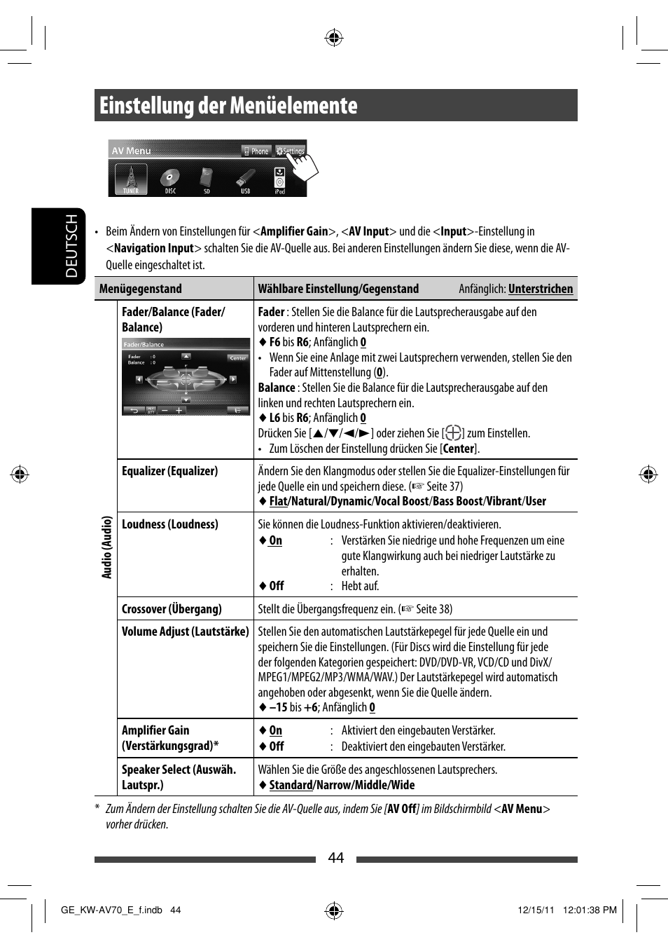 Einstellung der menüelemente | JVC KW-AV70BT User Manual | Page 116 / 293