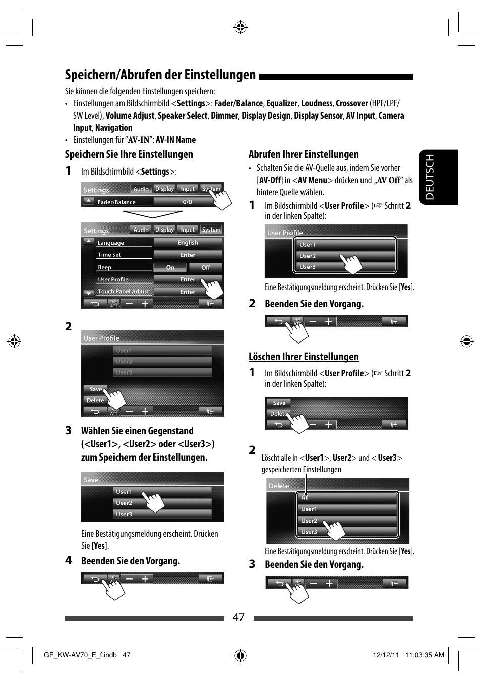 Speichern/abrufen der einstellungen | JVC KW-AV70BT User Manual | Page 119 / 293