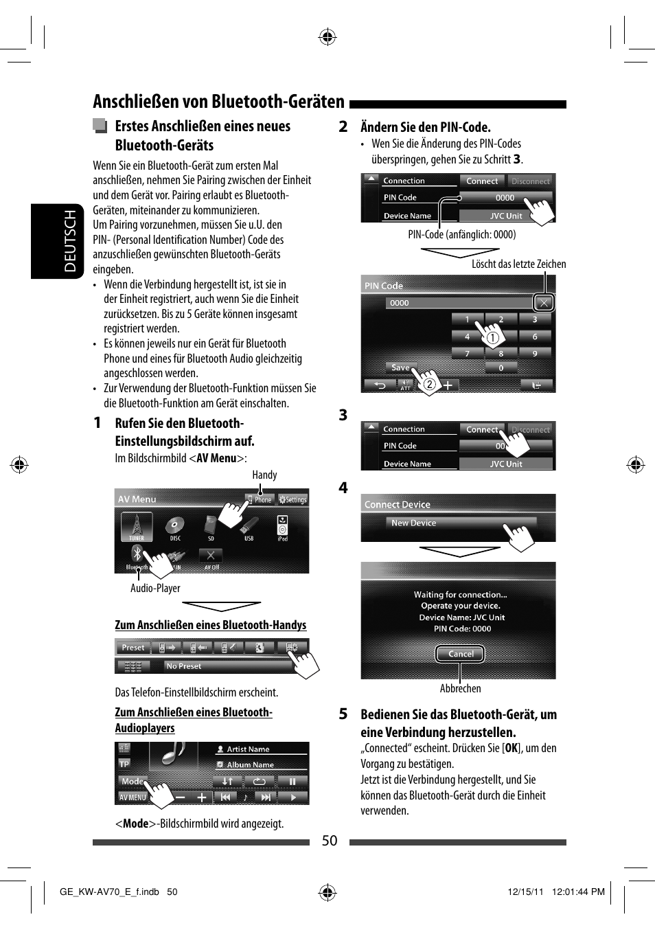 Anschließen von bluetooth-geräten | JVC KW-AV70BT User Manual | Page 122 / 293