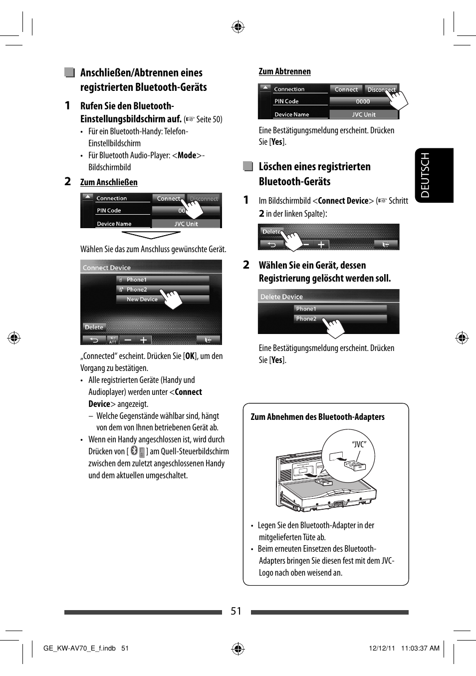 Löschen eines registrierten bluetooth-geräts | JVC KW-AV70BT User Manual | Page 123 / 293