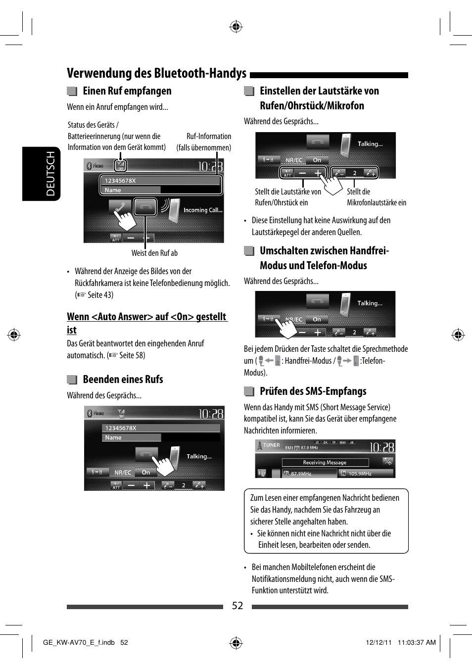 Verwendung des bluetooth-handys, Einen ruf empfangen, Beenden eines rufs | Prüfen des sms-empfangs | JVC KW-AV70BT User Manual | Page 124 / 293