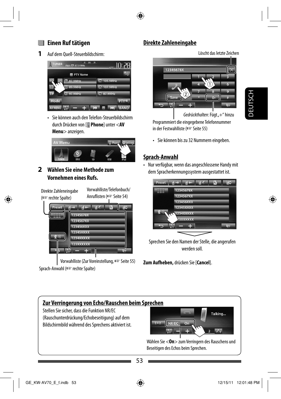 Einen ruf tätigen | JVC KW-AV70BT User Manual | Page 125 / 293