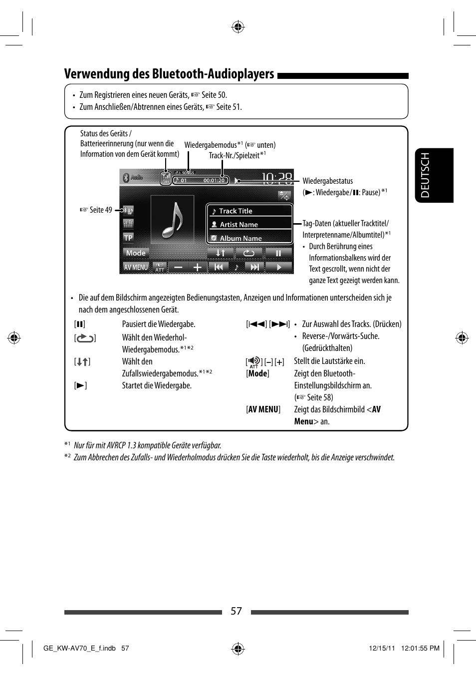 Verwendung des bluetooth-audioplayers, 57 deut sch | JVC KW-AV70BT User Manual | Page 129 / 293