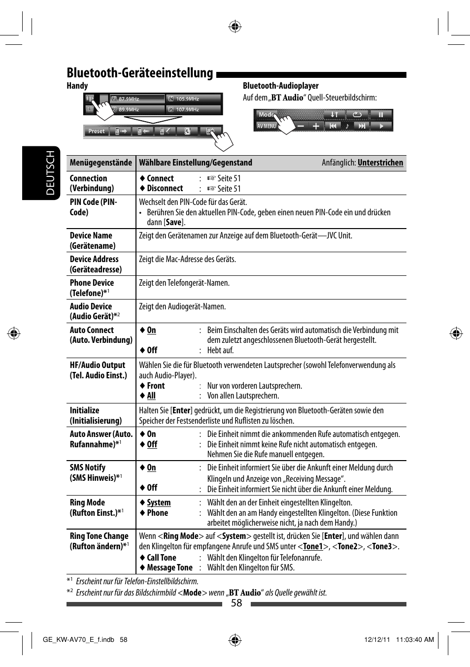 Bluetooth-geräteeinstellung, 58 deut sch | JVC KW-AV70BT User Manual | Page 130 / 293