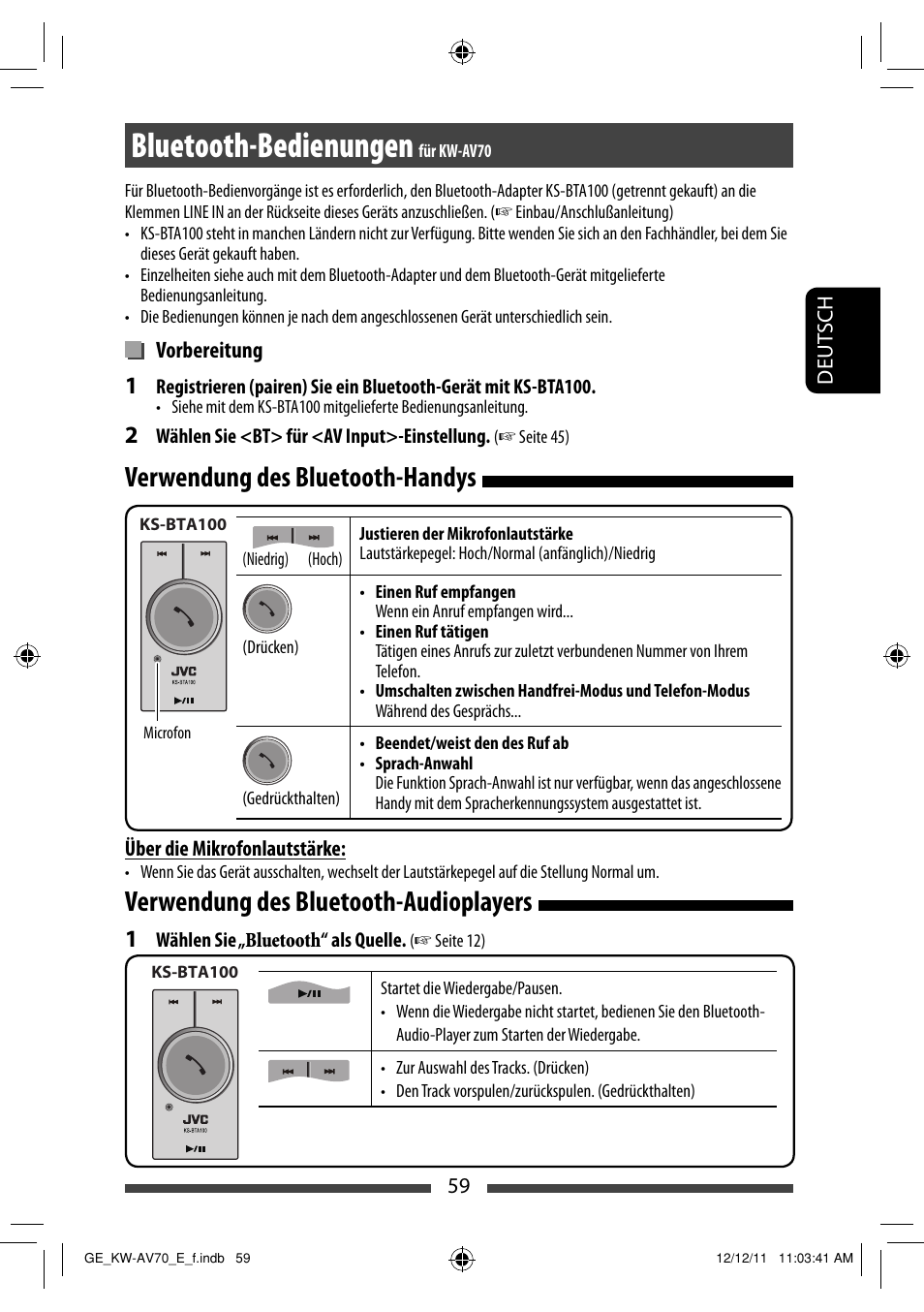 Bluetooth-bedienungen, Verwendung des bluetooth-handys, Verwendung des bluetooth-audioplayers | JVC KW-AV70BT User Manual | Page 131 / 293