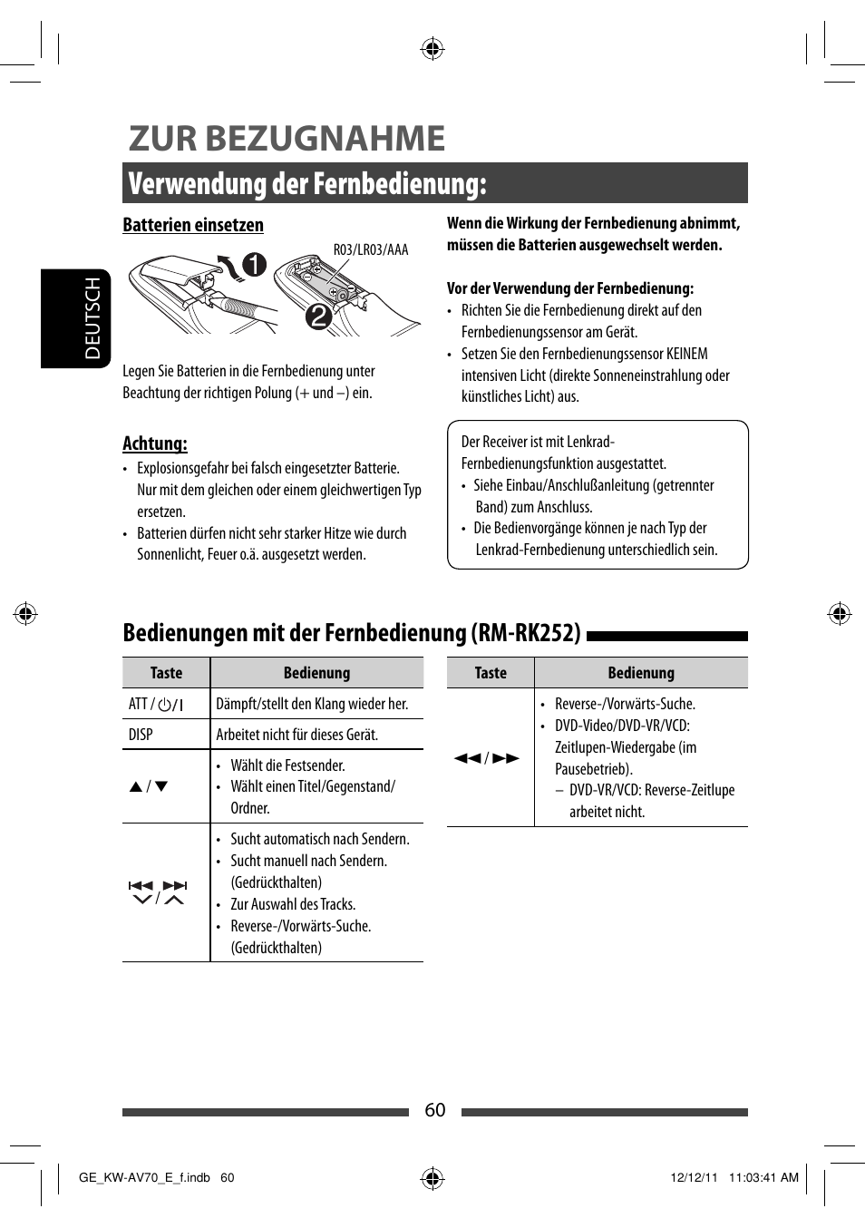 Zur bezugnahme, Verwendung der fernbedienung, Bedienungen mit der fernbedienung (rm-rk252) | JVC KW-AV70BT User Manual | Page 132 / 293