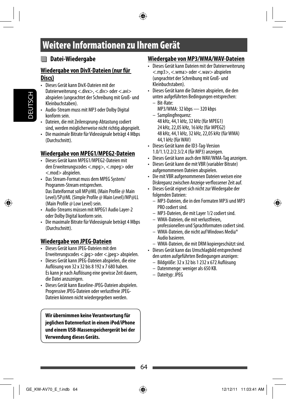 Weitere informationen zu ihrem gerät, Datei-wiedergabe | JVC KW-AV70BT User Manual | Page 136 / 293