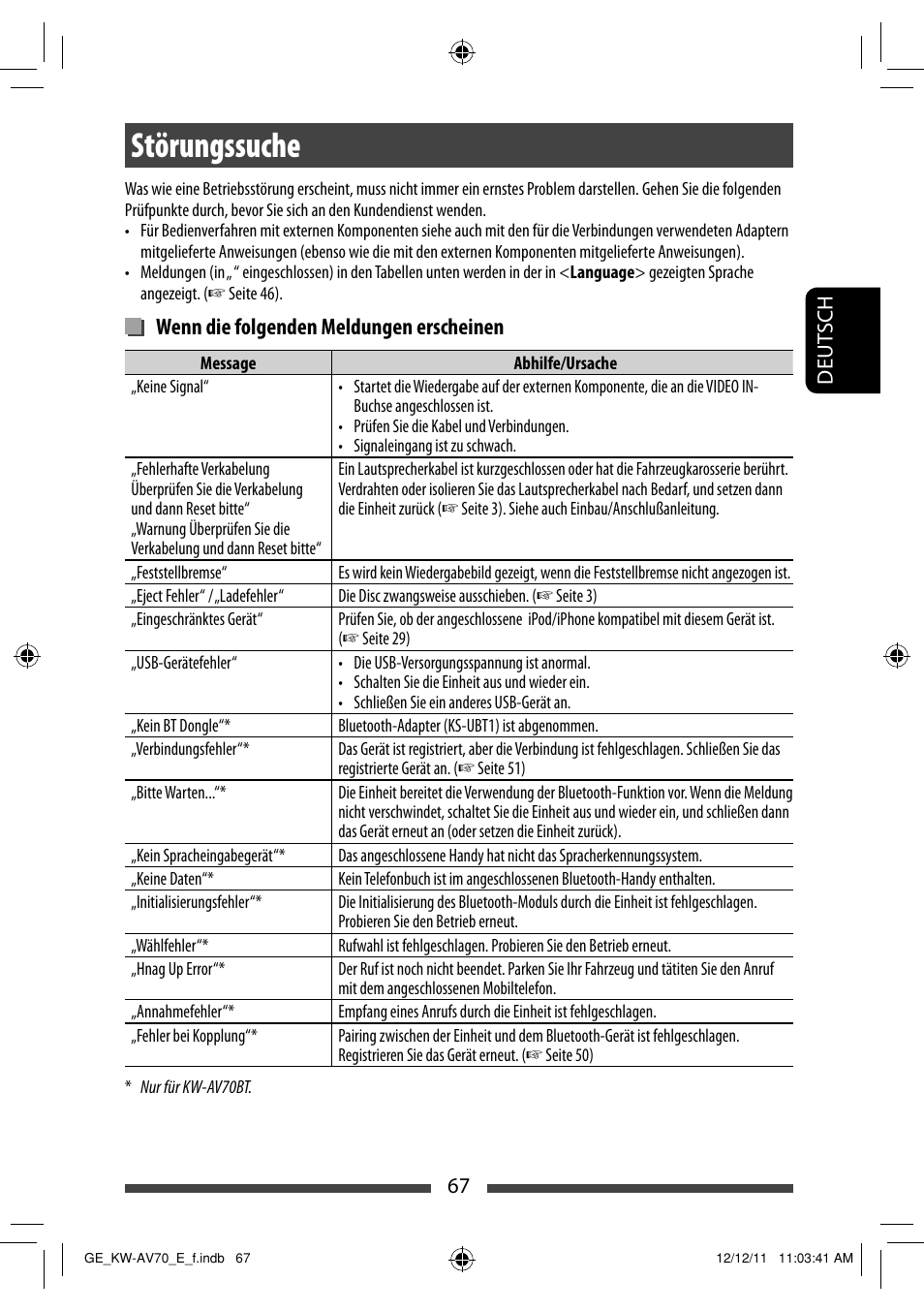 Störungssuche, Wenn die folgenden meldungen erscheinen | JVC KW-AV70BT User Manual | Page 139 / 293