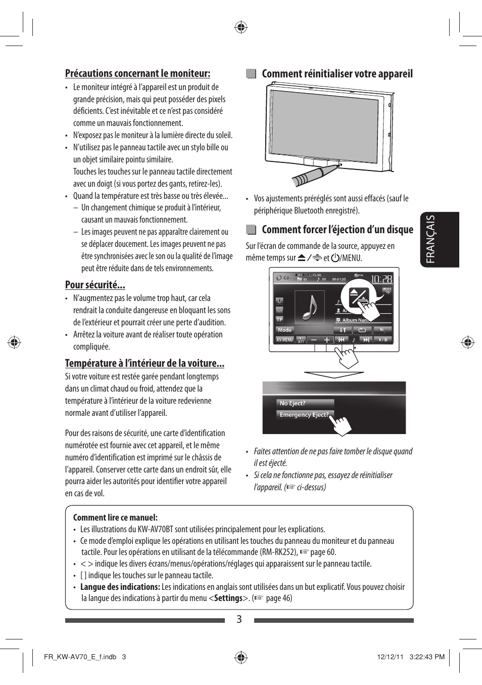 Comment réinitialiser votre appareil, Comment forcer l’éjection d’un disque | JVC KW-AV70BT User Manual | Page 147 / 293