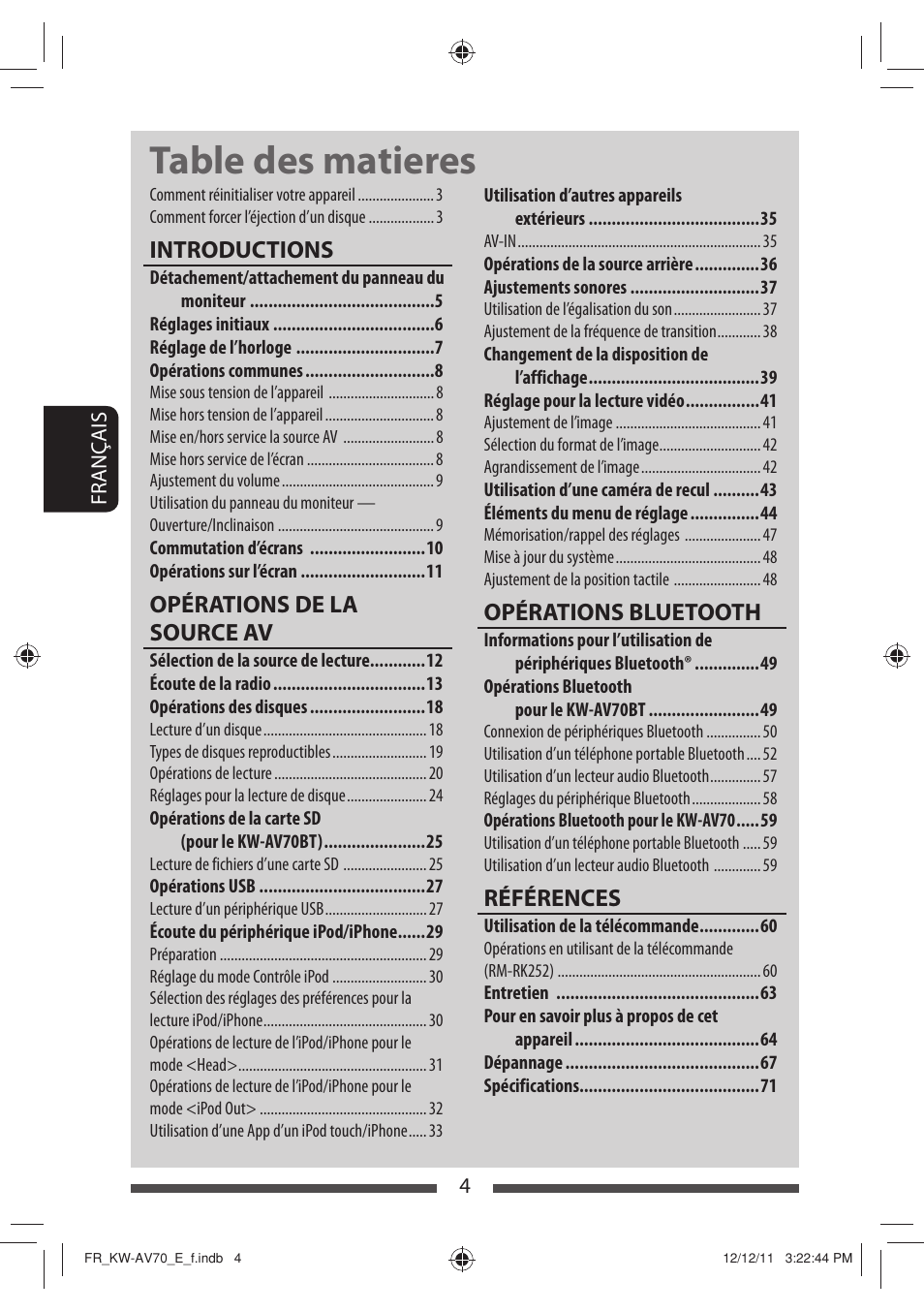 Table des matieres, Introductions, Opérations de la source av | Opérations bluetooth, Références | JVC KW-AV70BT User Manual | Page 148 / 293