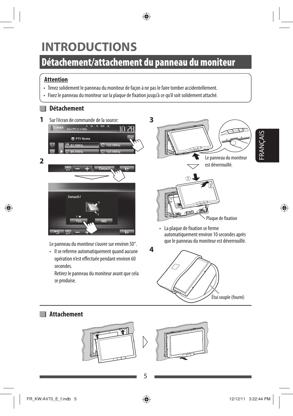 Introductions, Détachement/attachement du panneau du moniteur | JVC KW-AV70BT User Manual | Page 149 / 293