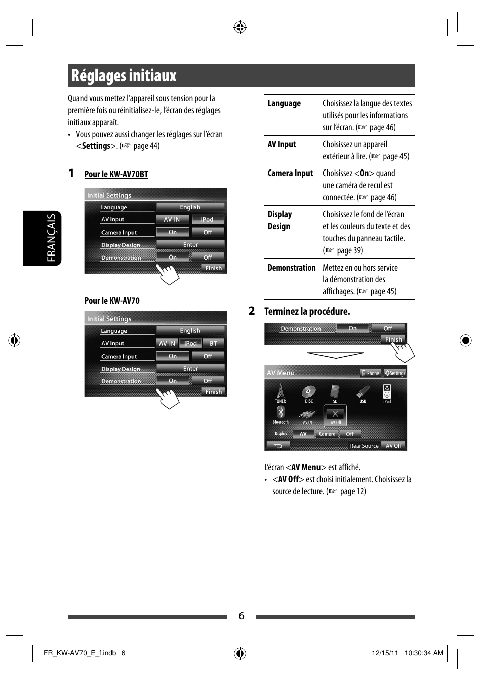 Réglages initiaux | JVC KW-AV70BT User Manual | Page 150 / 293