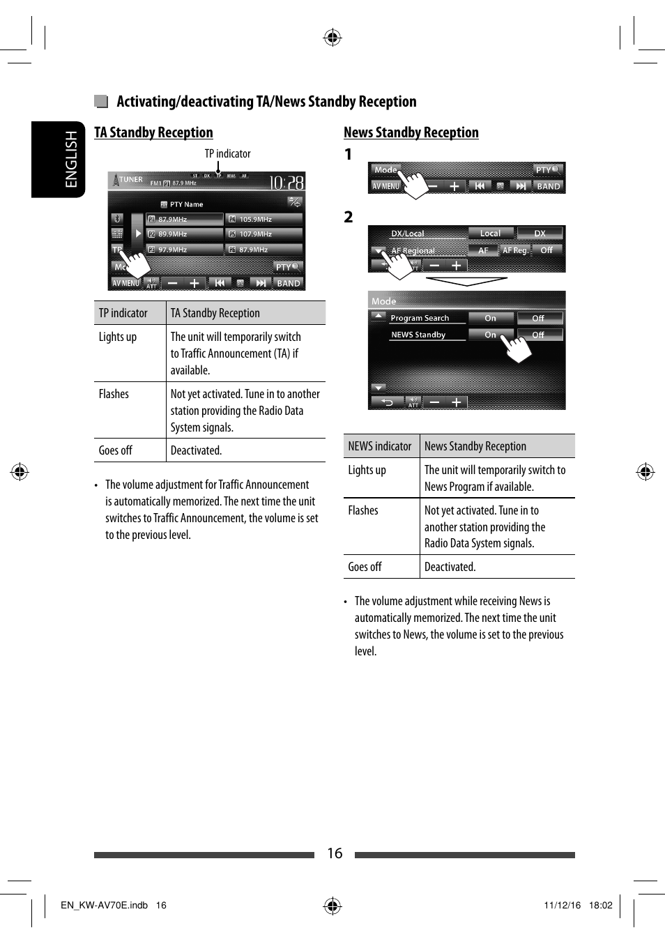 Activating/deactivating ta/news standby reception | JVC KW-AV70BT User Manual | Page 16 / 293