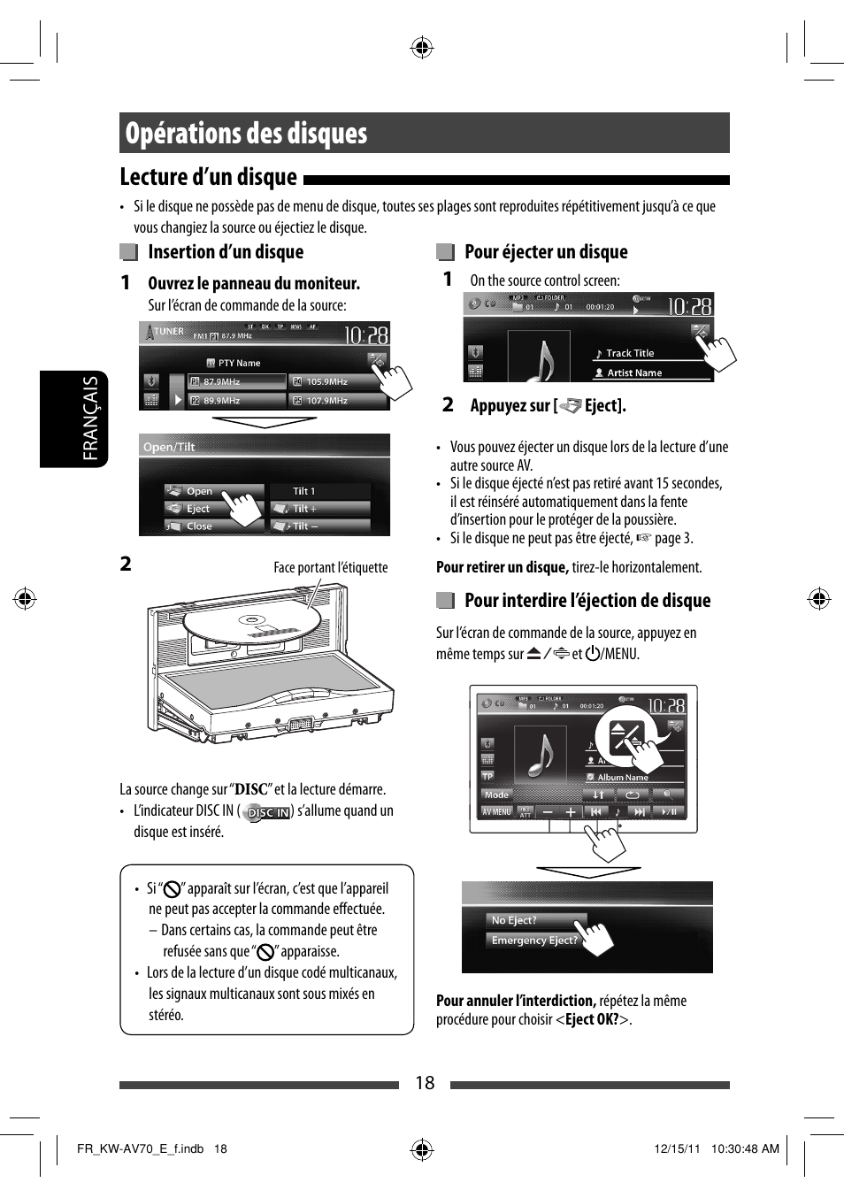 Opérations des disques, Lecture d’un disque | JVC KW-AV70BT User Manual | Page 162 / 293