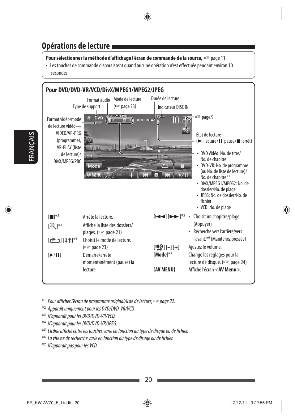 Opérations de lecture, 20 français, Pour dvd/dvd-vr/vcd/divx/mpeg1/mpeg2/jpeg | JVC KW-AV70BT User Manual | Page 164 / 293