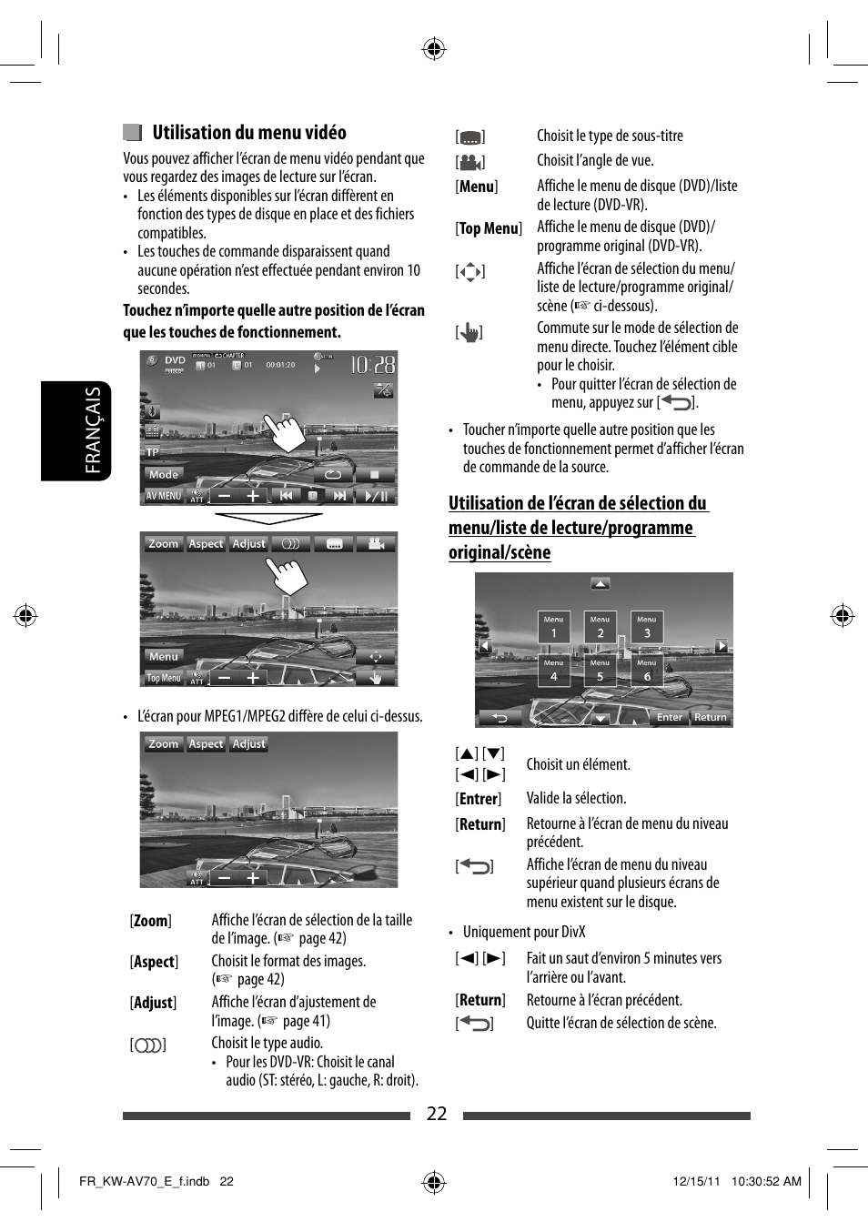 Utilisation du menu vidéo | JVC KW-AV70BT User Manual | Page 166 / 293