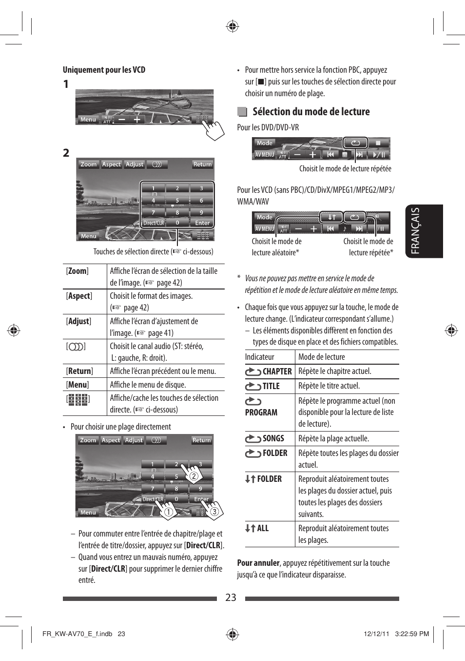 Sélection du mode de lecture | JVC KW-AV70BT User Manual | Page 167 / 293