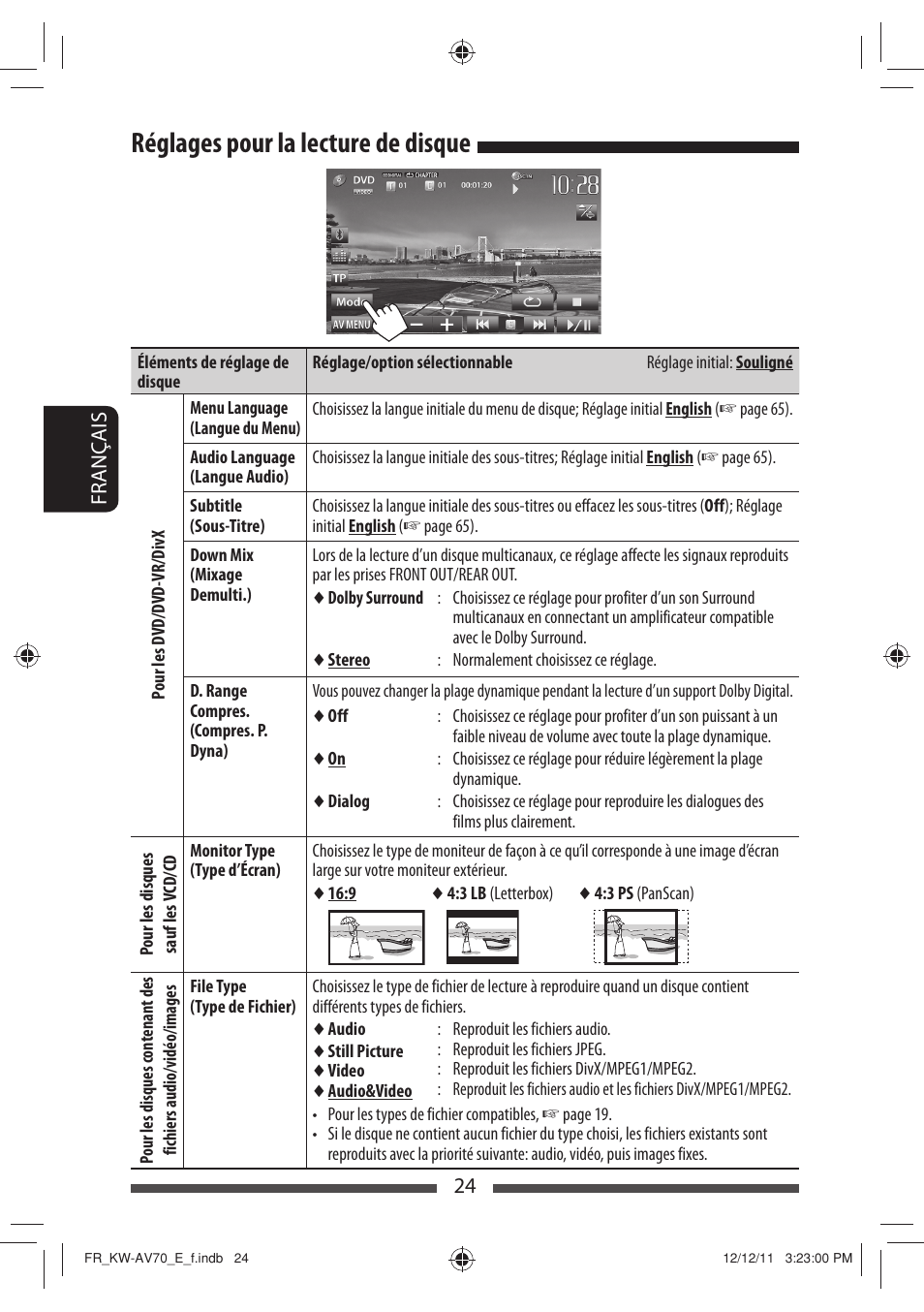 Réglages pour la lecture de disque | JVC KW-AV70BT User Manual | Page 168 / 293