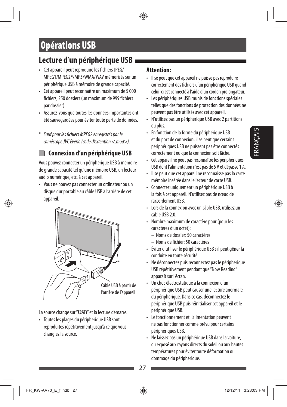 Opérations usb, Lecture d’un périphérique usb, Connexion d’un périphérique usb | JVC KW-AV70BT User Manual | Page 171 / 293