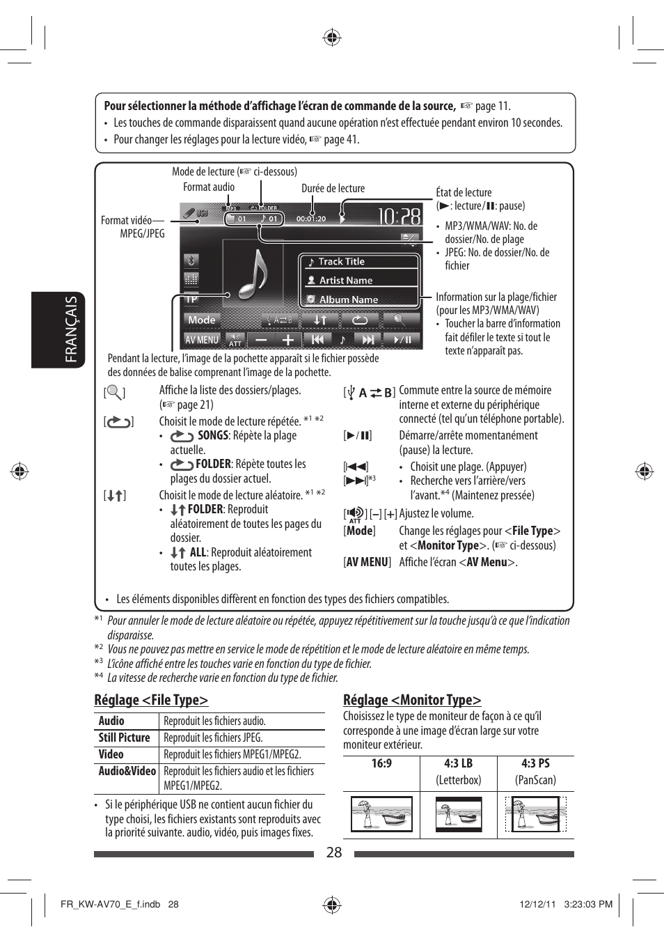 28 français réglage <file type, Réglage <monitor type | JVC KW-AV70BT User Manual | Page 172 / 293