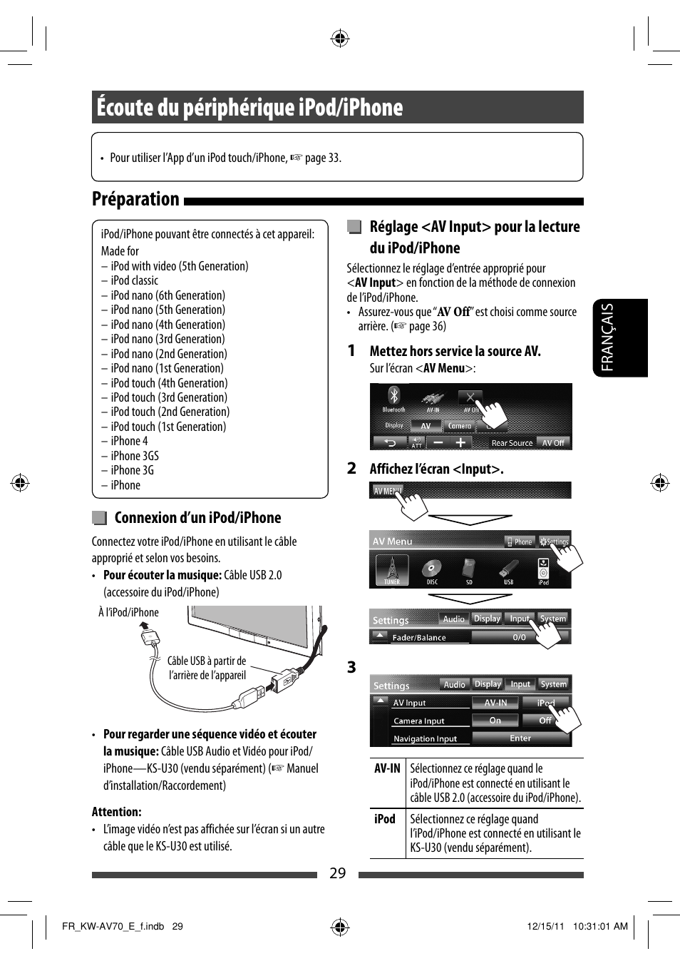 Écoute du périphérique ipod/iphone, Préparation | JVC KW-AV70BT User Manual | Page 173 / 293