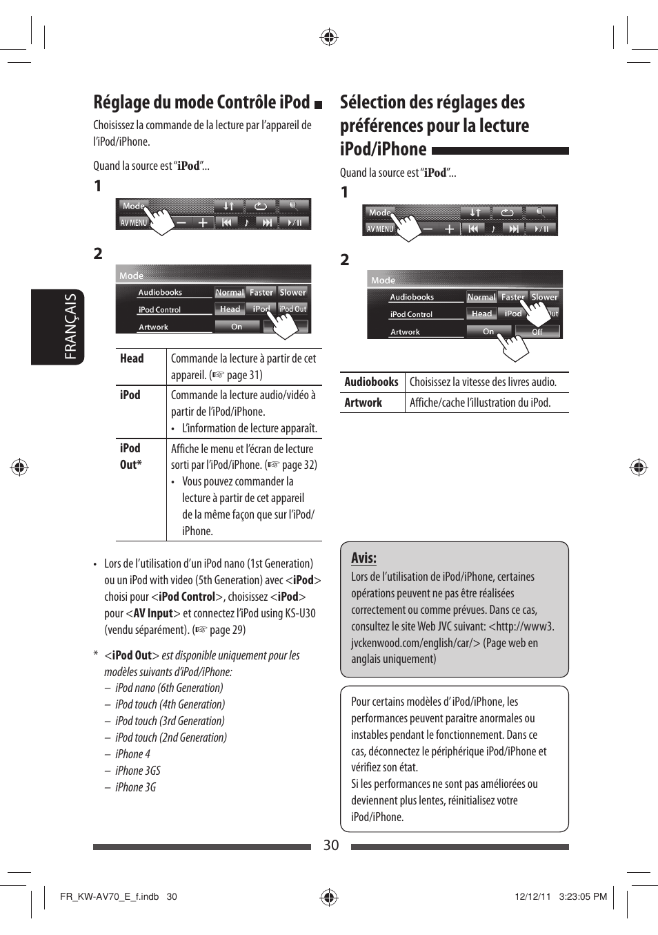 Réglage du mode contrôle ipod | JVC KW-AV70BT User Manual | Page 174 / 293