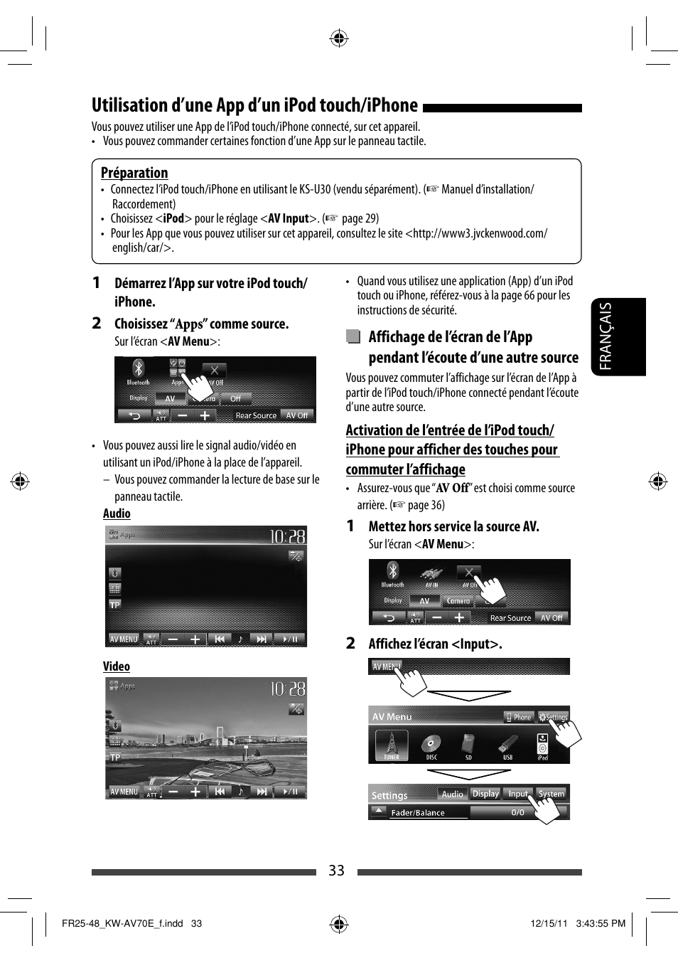 Utilisation d’une app d’un ipod touch/iphone | JVC KW-AV70BT User Manual | Page 177 / 293