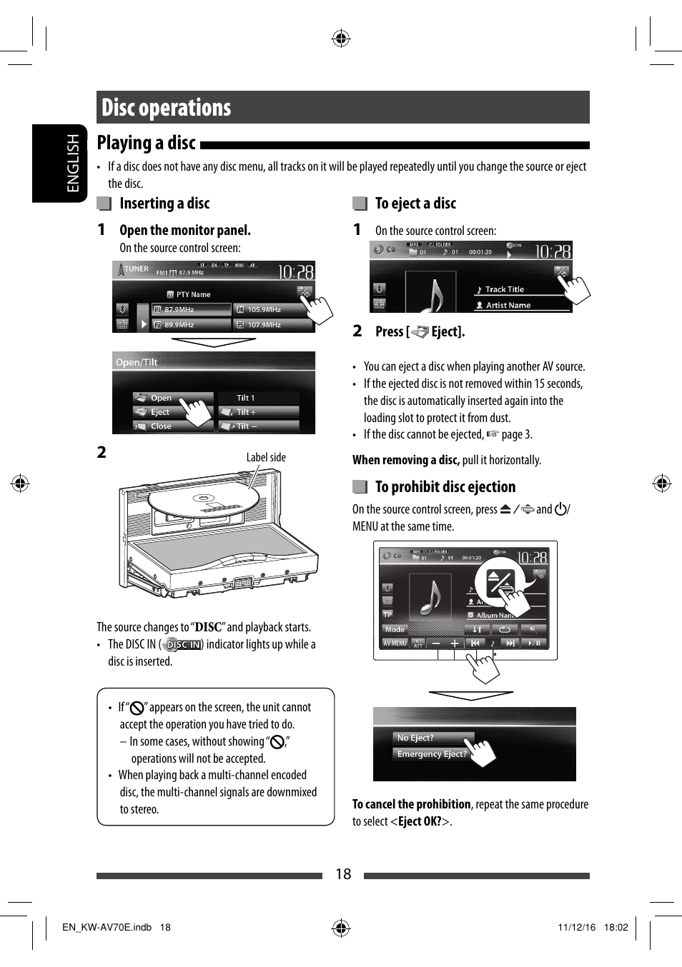 Disc operations, Playing a disc | JVC KW-AV70BT User Manual | Page 18 / 293