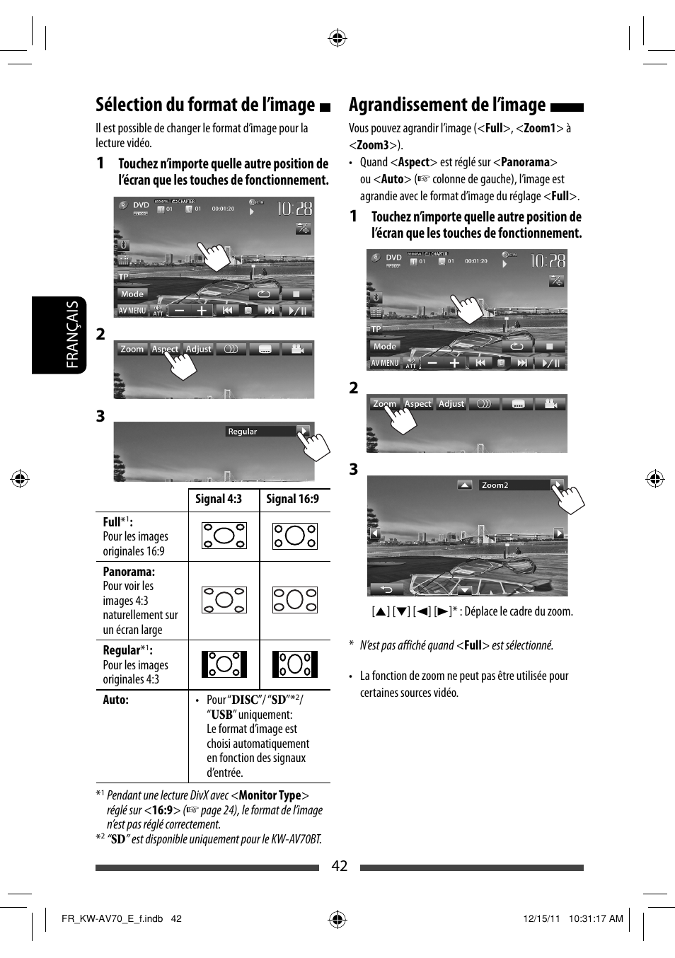 Sélection du format de l’image, Agrandissement de l’image | JVC KW-AV70BT User Manual | Page 186 / 293