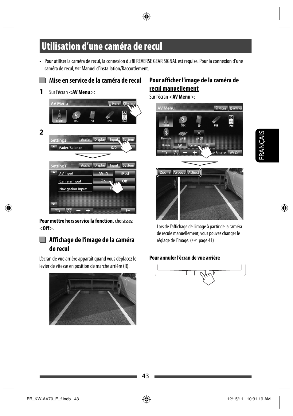 Utilisation d’une caméra de recul | JVC KW-AV70BT User Manual | Page 187 / 293