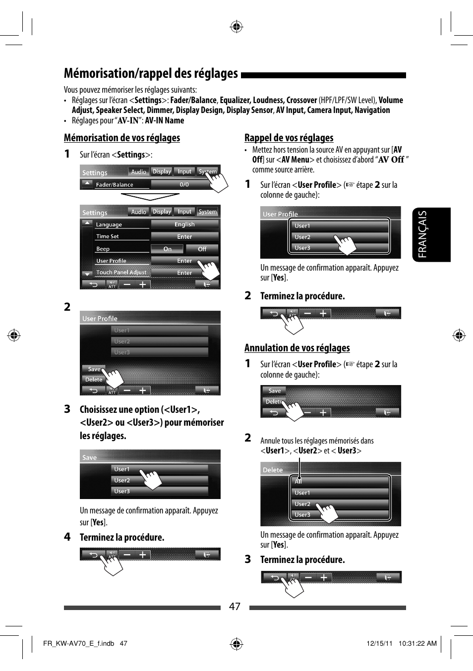 Mémorisation/rappel des réglages | JVC KW-AV70BT User Manual | Page 191 / 293