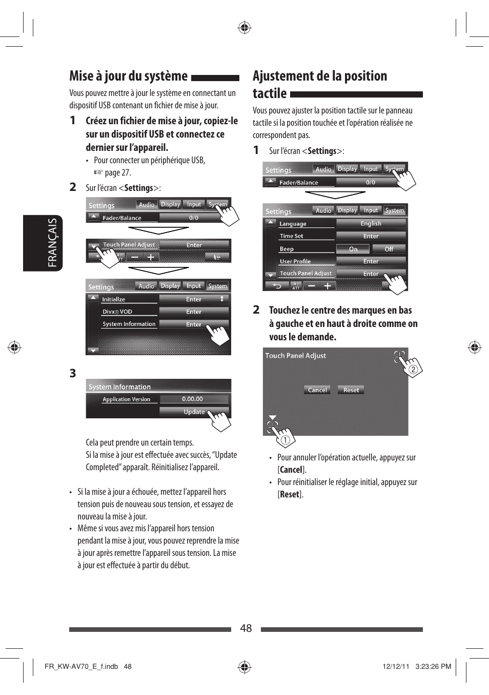 Mise à jour du système, Ajustement de la position tactile | JVC KW-AV70BT User Manual | Page 192 / 293