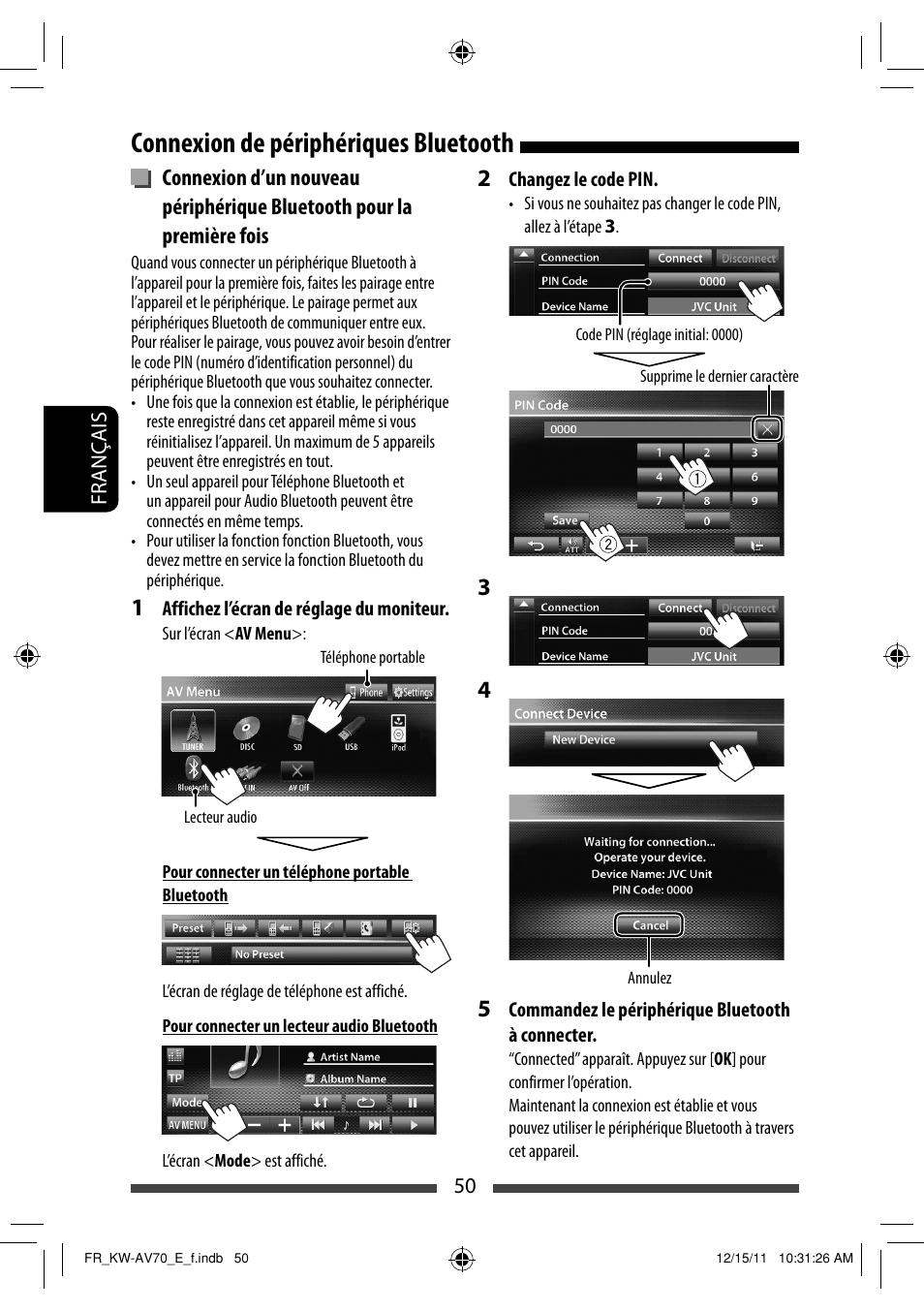 Connexion de périphériques bluetooth | JVC KW-AV70BT User Manual | Page 194 / 293